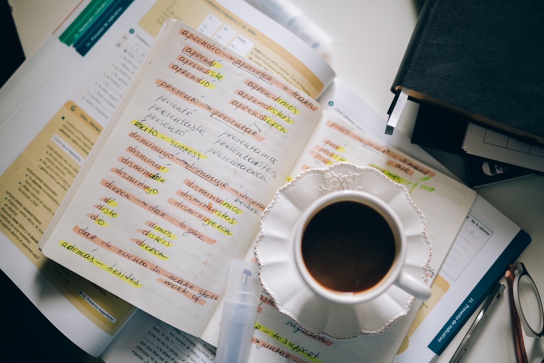 a cup of black coffee on a notebook with notes of foreign language with translation